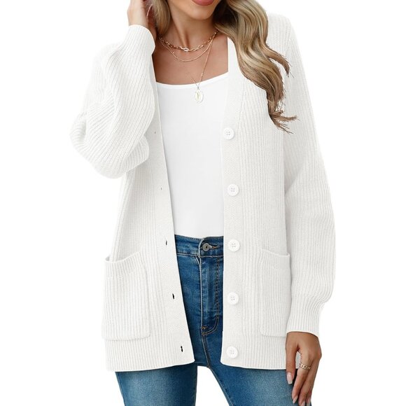 Cozy Women's Chunky Knit Cardigan - Long Sleeve V-Neck Sweater Coat with Pockets